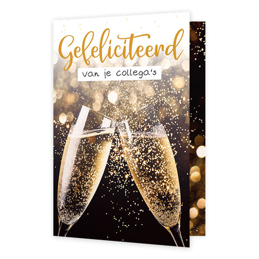 Gefeliciteerd van je collega's - Formaat: Klein - Vorm: Staand - Felicitatiekaart - Op deze wenskaart staan twee champagneglazen met daarboven de tekst: "Gefeliciteerd van je collega's". - Snelwenskaart