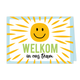 Welkom in ons team - Formaat: Klein - Vorm: Liggend - Welkom kaart - Op deze wenskaat staan een lachende zon met daaronder de tekst: "Welkom in ons team". - Snelwenskaart