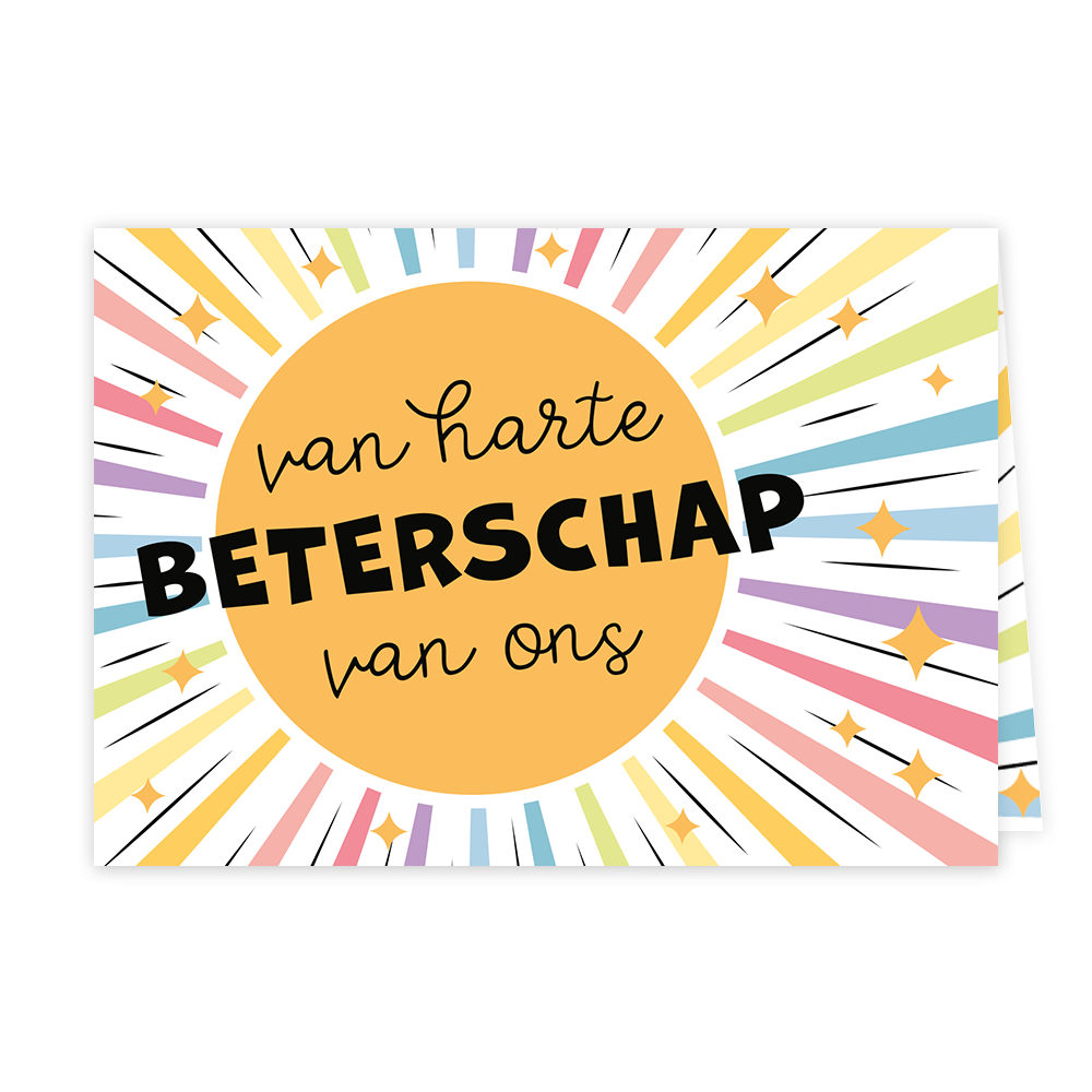 Van harte beterschap van ons - Formaat: Klein - Vorm: Liggend - Beterschapskaart - Op deze wenskaart staat een zon met regenboog zonnenstralen. In het midden staat de tekst: "Van harte beterschap van ons". - Snelwenskaart