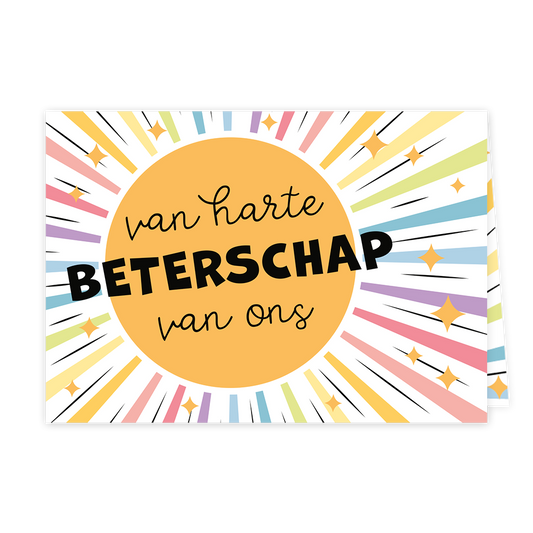 Van harte beterschap van ons - Formaat: Klein - Vorm: Liggend - Beterschapskaart - Op deze wenskaart staat een zon met regenboog zonnenstralen. In het midden staat de tekst: "Van harte beterschap van ons". - Snelwenskaart
