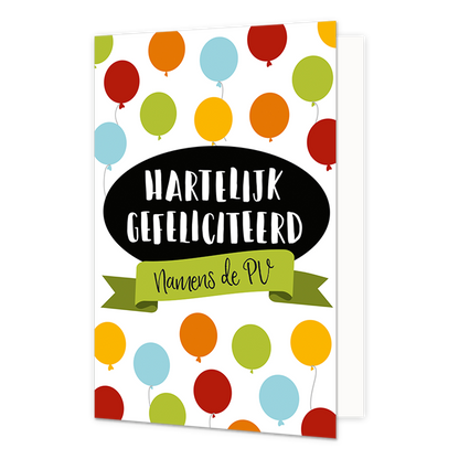 Hartelijk gefeliciteerd namens de pv - Formaat: Normaal - Vorm: Staand - Felicitatiekaart - Op deze wenskaart staan ballonnen in de kleuren rood, oranje, geel, groen en blauw, met in het midden de tekst: "Hartelijk gefeliciteerd van de PV". - Snelwenskaart