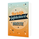 Hartelijk gefeliciteerd namens de directie - Formaat: Standaard - Vorm: Staand - Felicitatiekaart - Op deze wenskaart staat de tekst: "Hartelijk gefeliciteerd namens de directie" omringt door sterren in de kleuren wit, zwart en oranje. - Snelwenskaart