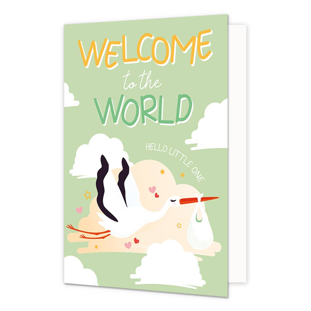 Welcome to the world - Formaat: Normaal - Vorm: Staand - Geboortekaart - Op deze wenskaart staat een ooievaar die door de wolken heen vliegt met daarboven de tekst: "Welcome to the world. Hello little one". - Snelwenskaart