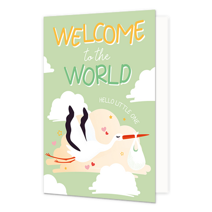 Welcome to the world - Formaat: Normaal - Vorm: Staand - Geboortekaart - Op deze wenskaart staat een ooievaar die door de wolken heen vliegt met daarboven de tekst: "Welcome to the world. Hello little one". - Snelwenskaart