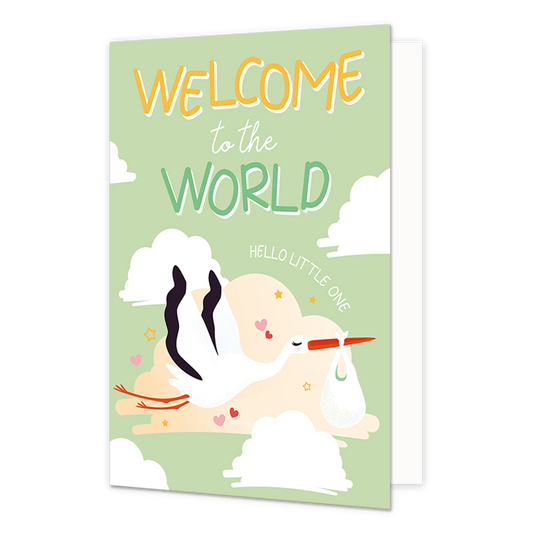 Welcome to the world - Formaat: Normaal - Vorm: Staand - Geboortekaart - Op deze wenskaart staat een ooievaar die door de wolken heen vliegt met daarboven de tekst: "Welcome to the world. Hello little one". - Snelwenskaart