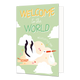 Welcome to the world - Formaat: Standaard - Vorm: Staand - Geboortekaart - Op deze wenskaart staat een ooievaar die door de wolken heen vliegt met daarboven de tekst: "Welcome to the world. Hello little one". - Snelwenskaart