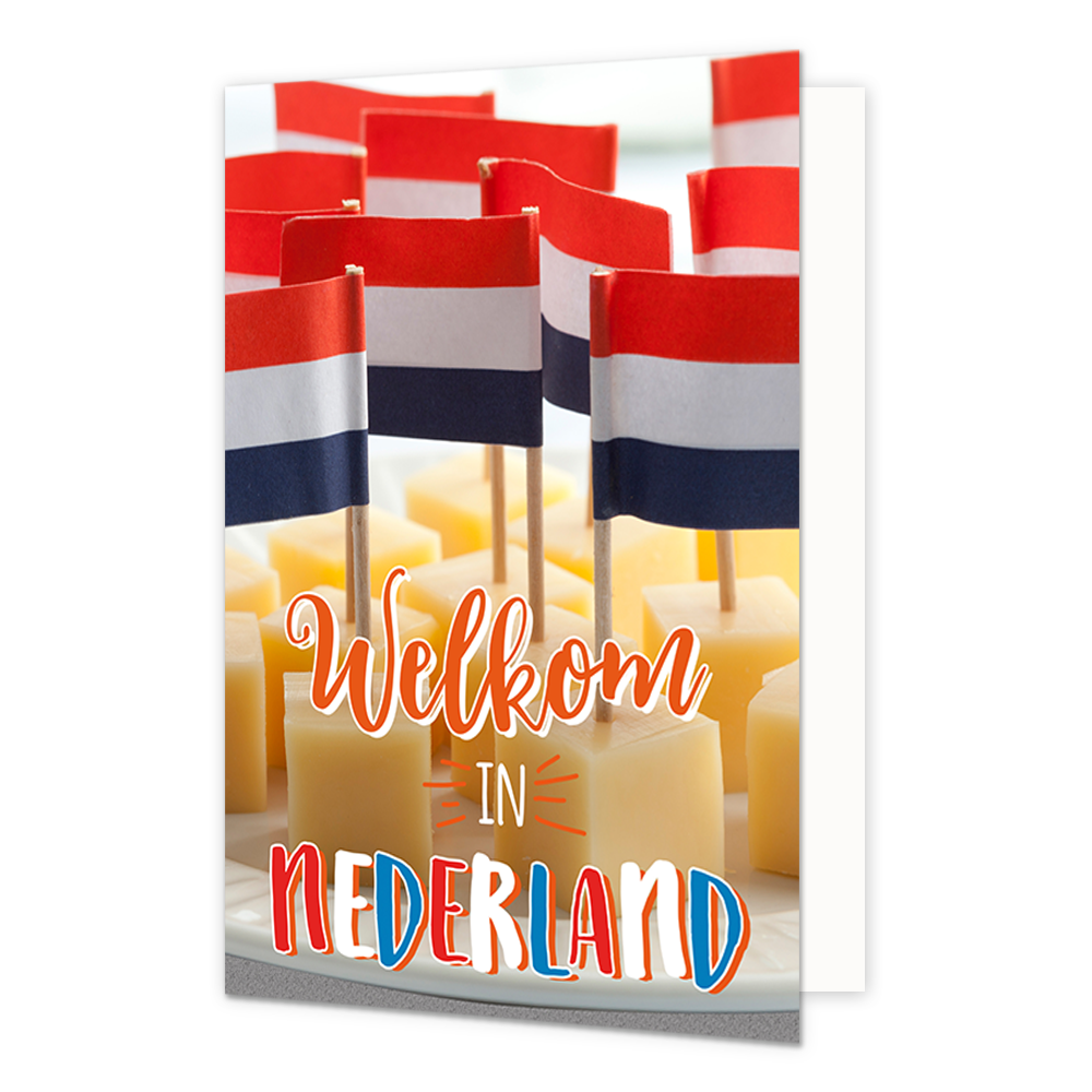 Welkom in Nederland - Formaat: Normaal - Vorm: Staand - Welkom kaart - Op deze wenskaart staat een schaal met kaasblokjes met daarin Nederlandse vlaggetjes. In de illustratie staat de tekst: "Welkom in Nederland". - Snelwenskaart