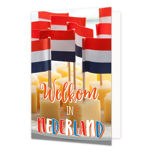Welkom in Nederland - Formaat: Normaal - Vorm: Staand - Welkom kaart - Op deze wenskaart staat een schaal met kaasblokjes met daarin Nederlandse vlaggetjes. In de illustratie staat de tekst: "Welkom in Nederland". - Snelwenskaart