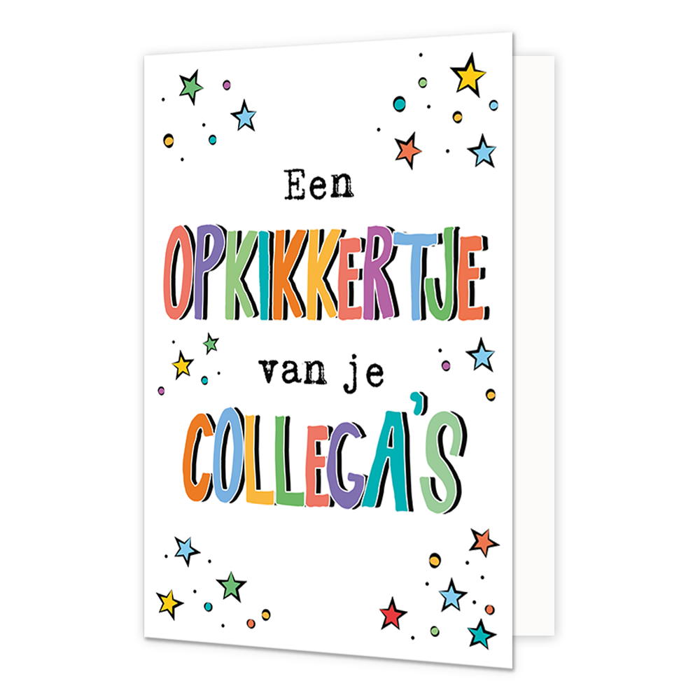 Een opkikkertje van je collega's - Formaat: Normaal - Vorm: Staand - Opkikker kaart - Op deze wenskaart staat de tekst: "Een opkikkertje van je collega's" met op de achtergrond sterren en stippen in diverse kleuren. - Snelwenskaart
