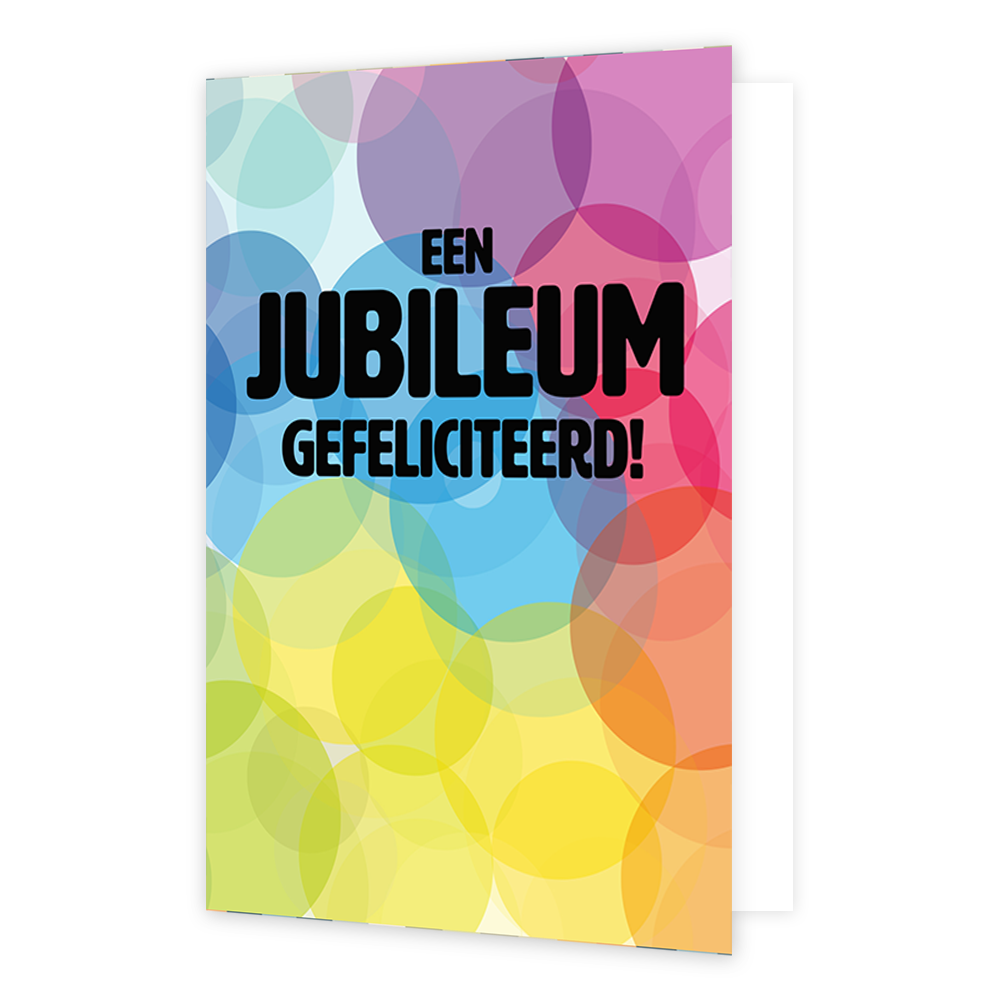 Een jubileum - Formaat: Standaard - Vorm: Staand - Jubileumkaart - Op deze wenskaart staan stippen in de kleuren groen, blauw, paars, rood, oranje, groen en geel met in het midden de tekst: "Een jubileum gefeliciteerd!". - Snelwenskaart