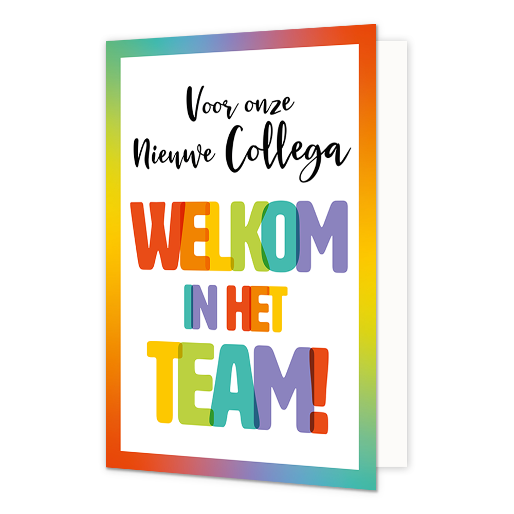 Welkom in het team! - Formaat: Normaal - Vorm: Staand - Welkom kaart - Op deze wenskaart staat de tekst: "Voor onze nieuwe collega welkom in het team!". - Snelwenskaart