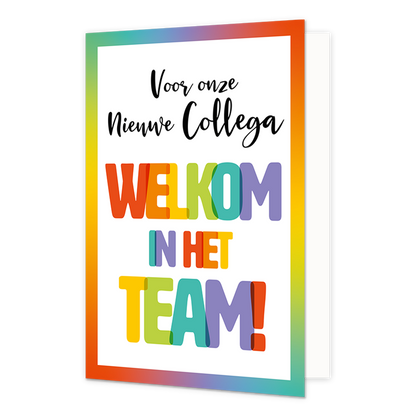 Welkom in het team! - Formaat: Normaal - Vorm: Staand - Welkom kaart - Op deze wenskaart staat de tekst: "Voor onze nieuwe collega welkom in het team!". - Snelwenskaart