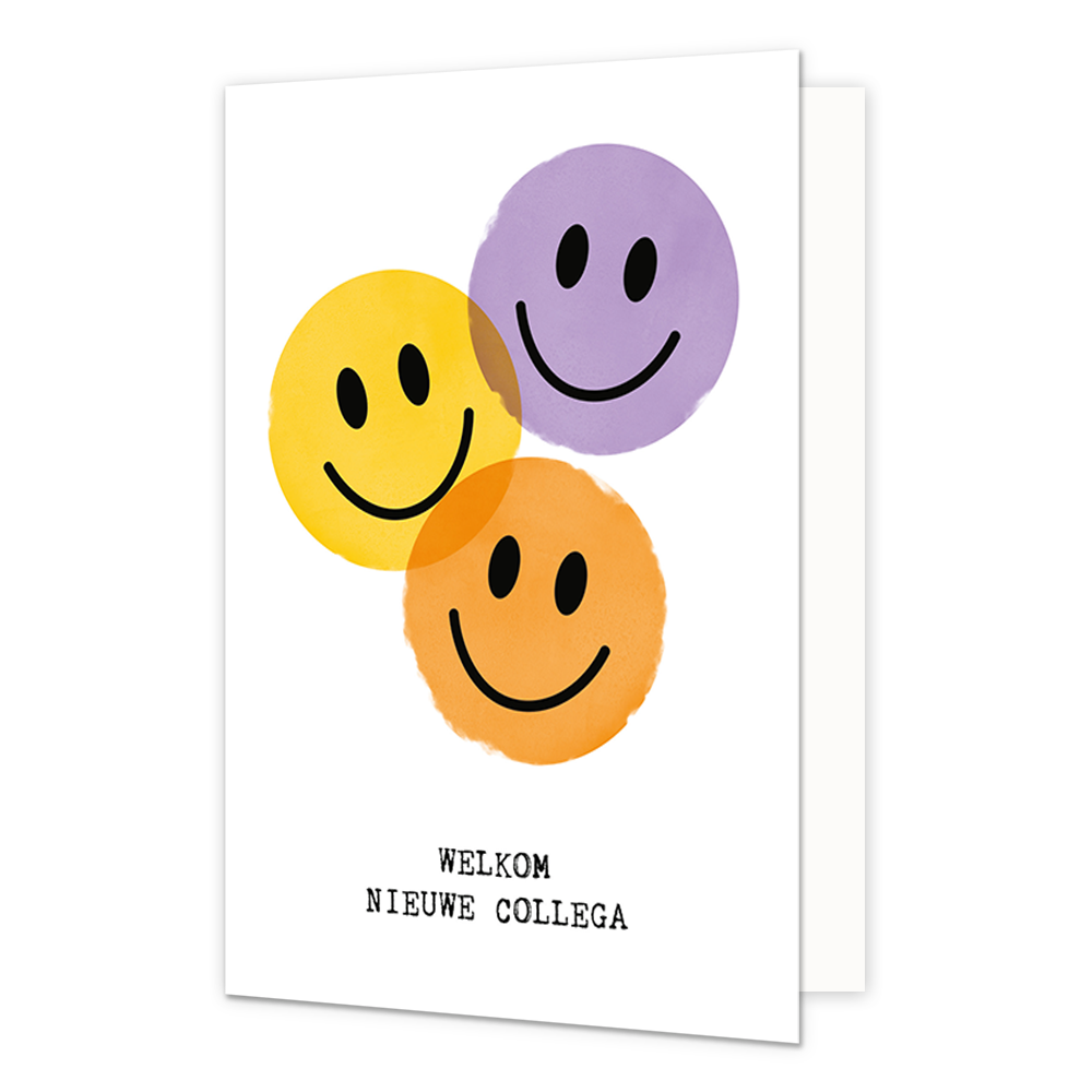 Welkom nieuwe collega - Formaat: Normaal - Vorm: Staand - Welkom kaart - Op deze wenskaart staan smileys in de kleuren paars, geel en oranje met daaronder de tekst: "Welkom nieuwe collega". - Snelwenskaart