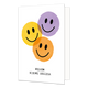 Welkom nieuwe collega - Formaat: Standaard - Vorm: Staand - Welkom kaart - Op deze wenskaart staan smileys in de kleuren paars, geel en oranje met daaronder de tekst: "Welkom nieuwe collega". - Snelwenskaart