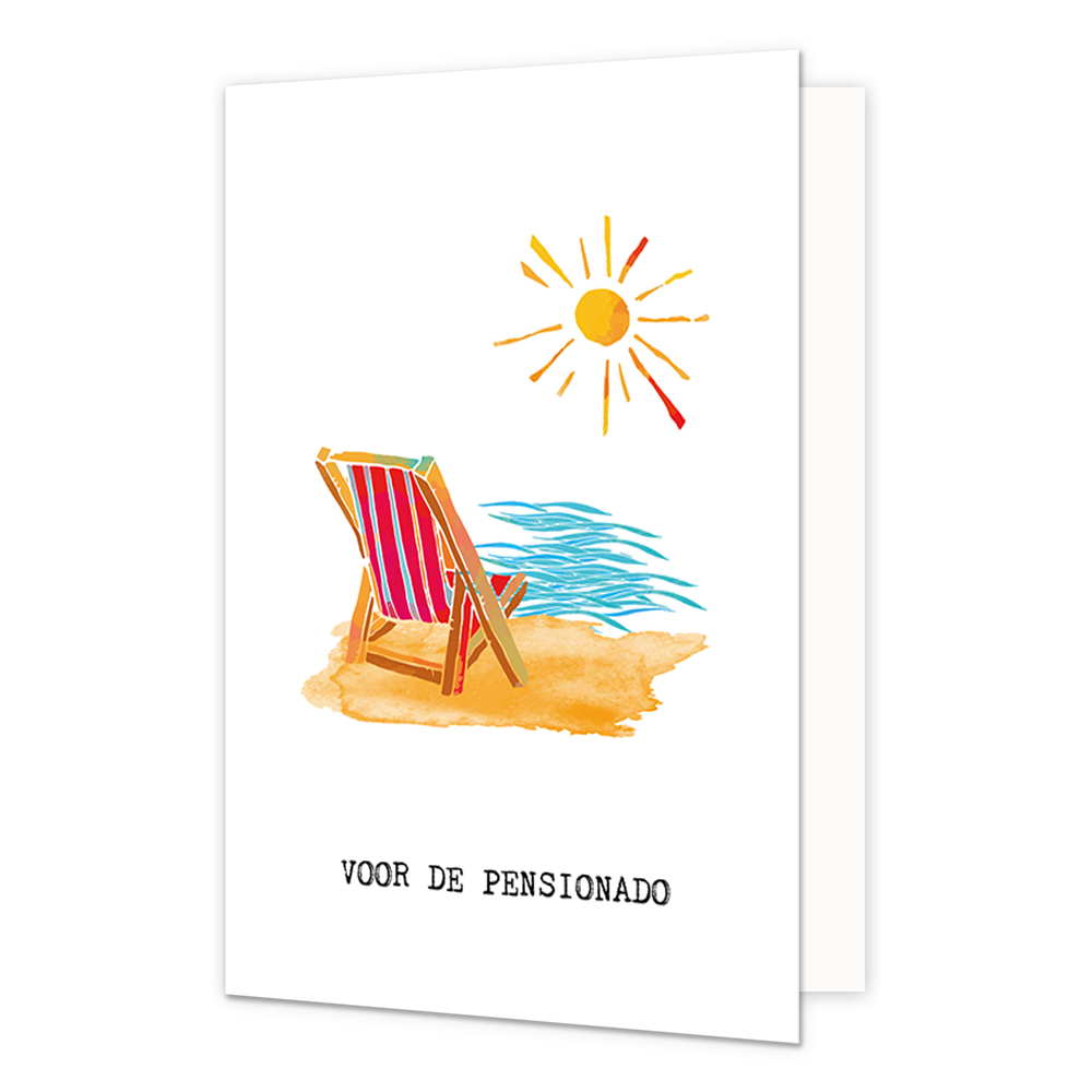 Voor de pensionado - Formaat: Normaal - Vorm: Staand - Pensioenkaart - Op deze wenskaart staat een strandbedje dat uitkijkt over de zee naar de zon met daaronder de tekst: "Voor de pensionado". - Snelwenskaart