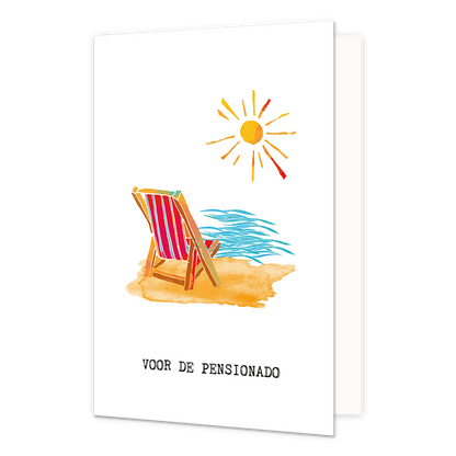 Voor de pensionado - Formaat: Normaal - Vorm: Staand - Pensioenkaart - Op deze wenskaart staat een strandbedje dat uitkijkt over de zee naar de zon met daaronder de tekst: "Voor de pensionado". - Snelwenskaart