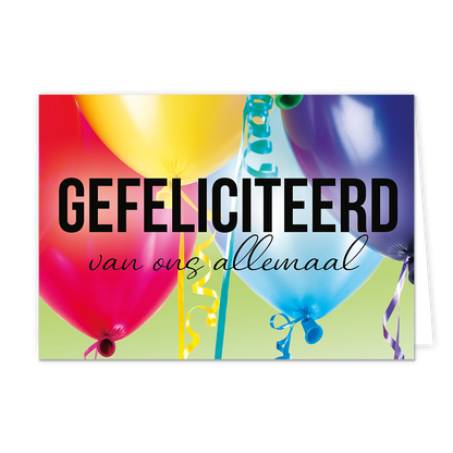 Gefeliciteerd van ons allemaal - Formaat: Normaal - Vorm: Liggend - Felicitatiekaart - Op deze wenskaart staan ballonnen in de kleuren rood, geel, blauw en paars met in het midden de tekst: "Gefeliciteerd van ons allemaal". - Snelwenskaart