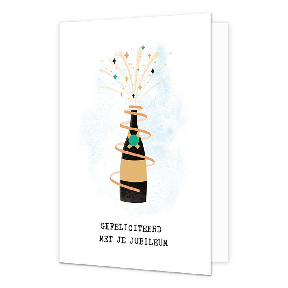 Gefeliciteerd met je jubileum - Formaat: Standaard - Vorm: Staand - Jubileumkaart - Op deze wenskaart staat een champagnefles die ontpopt met daaronder de tekst: "Gefeliciteerd met je jubileum". - Snelwenskaart