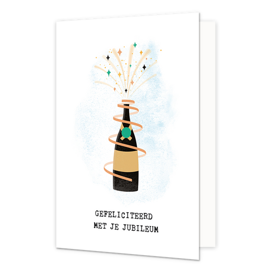 Gefeliciteerd met je jubileum - Formaat: Normaal - Vorm: Staand - Jubileumkaart - Op deze wenskaart staat een champagnefles die ontpopt met daaronder de tekst: "Gefeliciteerd met je jubileum". - Snelwenskaart