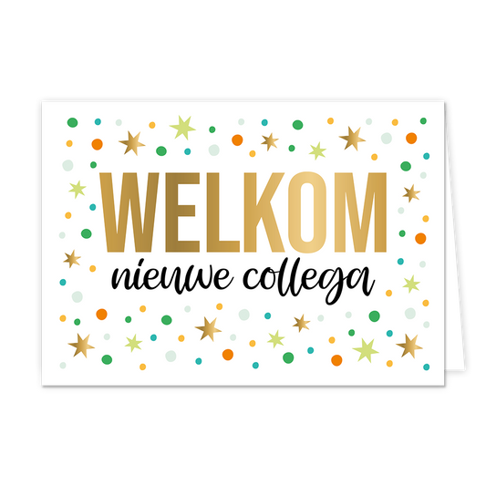 Welkom nieuwe collega - Formaat: Normaal - Vorm: Liggend - Welkom kaart - Op deze wenskaart staat de tekst: "Welkom nieuwe collega" met sterren en stippen op de achtergrond in diverse kleuren. - Snelwenskaart