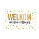 Welkom nieuwe collega - Formaat: Standaard - Vorm: Liggend - Welkom kaart - Op deze wenskaart staat de tekst: "Welkom nieuwe collega" met sterren en stippen op de achtergrond in diverse kleuren. - Snelwenskaart