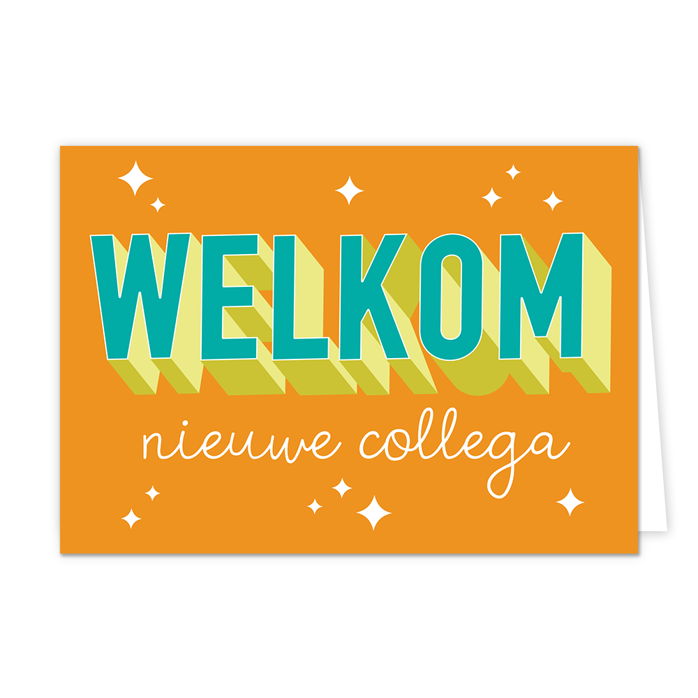 Welkom nieuwe collega - Formaat: Normaal - Vorm: Liggend - Welkom kaart - Op deze wenskaart staat de tekst: "Welkom nieuwe collega" op een oranje achtergrond. - Snelwenskaart