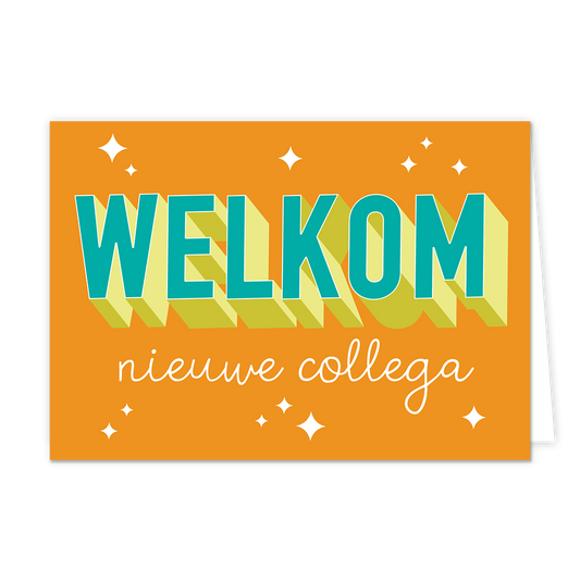 Welkom nieuwe collega - Formaat: Normaal - Vorm: Liggend - Welkom kaart - Op deze wenskaart staat de tekst: "Welkom nieuwe collega" op een oranje achtergrond. - Snelwenskaart