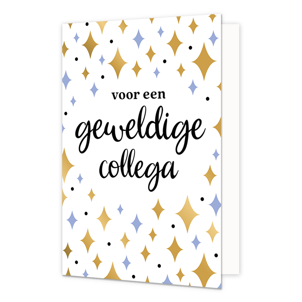 Voor een geweldige collega - Formaat: Normaal - Vorm: Staand - Complimentenkaart - Op deze wenskaart staan sterren in de kleuren goud en paars met in het midden de tekst: "Voor een geweldige collega". - Snelwenskaart