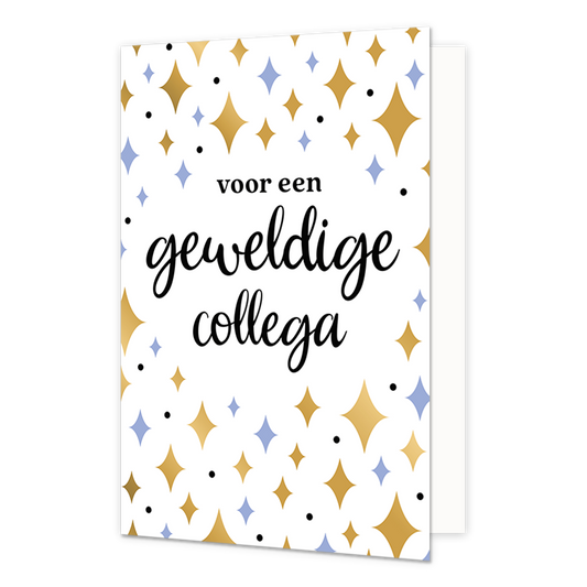 Voor een geweldige collega - Formaat: Normaal - Vorm: Staand - Complimentenkaart - Op deze wenskaart staan sterren in de kleuren goud en paars met in het midden de tekst: "Voor een geweldige collega". - Snelwenskaart