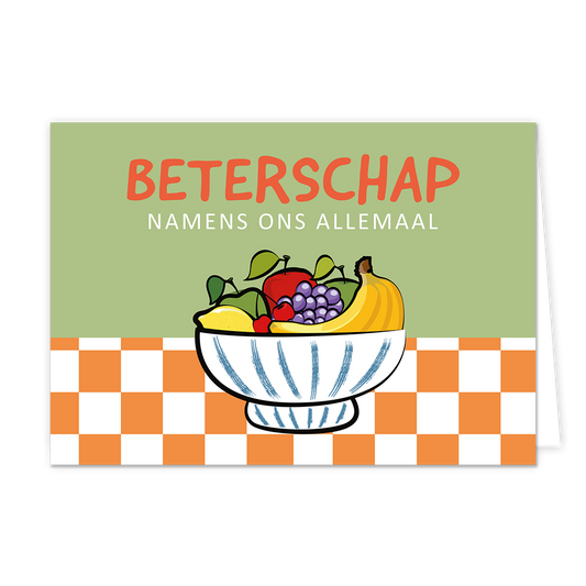 Beterschapnamens ons allemaal - Formaat: Normaal - Vorm: Liggend - Beterschapskaart - Op deze wenskaart staat een fruitschaal met daarboven de tekst: "Beterschap namens ons allemaal". - Snelwenskaart
