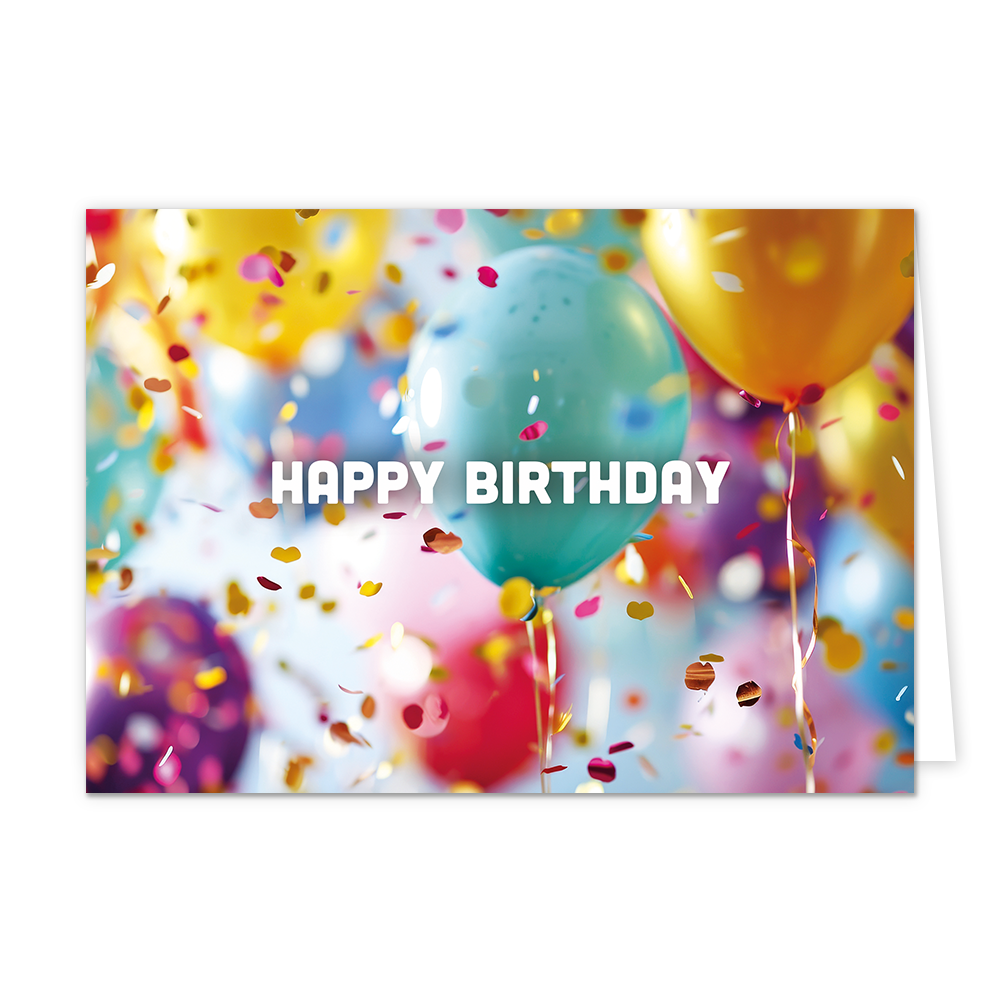 Happy birthday - Formaat: Normaal - Vorm: Liggend - Verjaardagskaart - Op deze wenskaart staan ballonnen en confetti in de kleuren goud, groen, blauw, rood, roze en paars, met in het midden de tekst: "Happy birthday". - Snelwenskaart