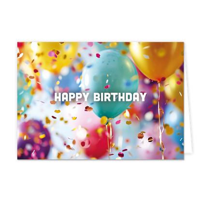 Happy birthday - Formaat: Normaal - Vorm: Liggend - Verjaardagskaart - Op deze wenskaart staan ballonnen en confetti in de kleuren goud, groen, blauw, rood, roze en paars, met in het midden de tekst: "Happy birthday". - Snelwenskaart