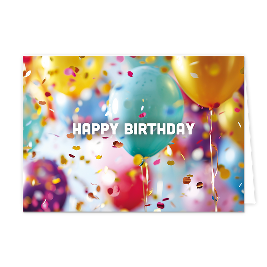 Happy birthday - Formaat: Normaal - Vorm: Liggend - Verjaardagskaart - Op deze wenskaart staan ballonnen en confetti in de kleuren goud, groen, blauw, rood, roze en paars, met in het midden de tekst: "Happy birthday". - Snelwenskaart