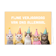 Fijne verjaardag van ons allemaal - Formaat: Standaard - Vorm: Liggend - Verjaardagskaart - Op deze wenskaart staan katten die een feesthoedje hebben. Daarboven staat de tekst: "Fijne verjaardag van ons allemaal". - Snelwenskaart