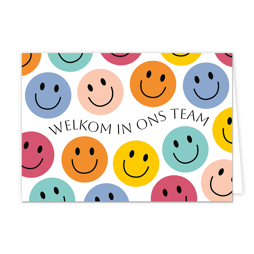 Welkom in ons team - Formaat: Normaal - Vorm: Liggend - Welkom kaart - Op deze wenskaart staan smileys in de kleuren paars, beige, oranje, geel, groen en rood met in het midden de tekst: "Welkom in ons team". - Snelwenskaart
