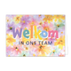 Welkom in ons team - Formaat: Standaard - Vorm: Liggend - Welkom kaart - Op deze wenskaart staan bloemen in de kleuren geel, oranje, paars, roze en groen, met in het midden de tekst: "Welkom in ons team". - Snelwenskaart