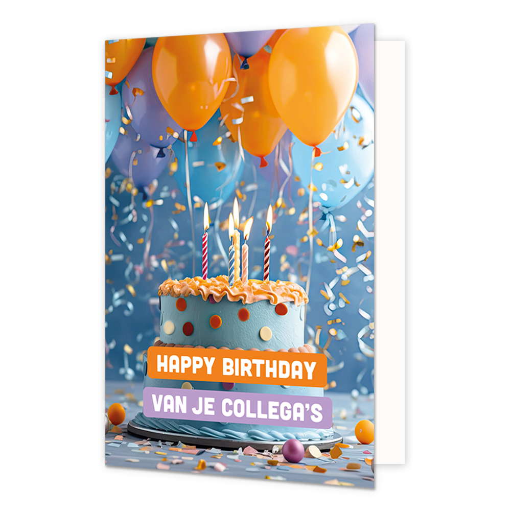 Happy birthday van je collega's - Formaat: Normaal - Vorm: Staand - Verjaardagskaart - Op deze wenskaart staat een grote taart met kaarsjes erop en daarboven ballonnen. In de illustratie staat de tekst: "Happy birthday van je collega's". - Snelwenskaart