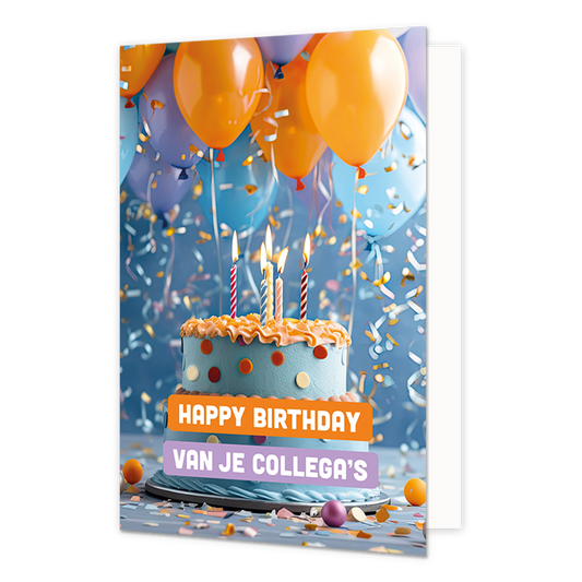 Happy birthday van je collega's - Formaat: Normaal - Vorm: Staand - Verjaardagskaart - Op deze wenskaart staat een grote taart met kaarsjes erop en daarboven ballonnen. In de illustratie staat de tekst: "Happy birthday van je collega's". - Snelwenskaart