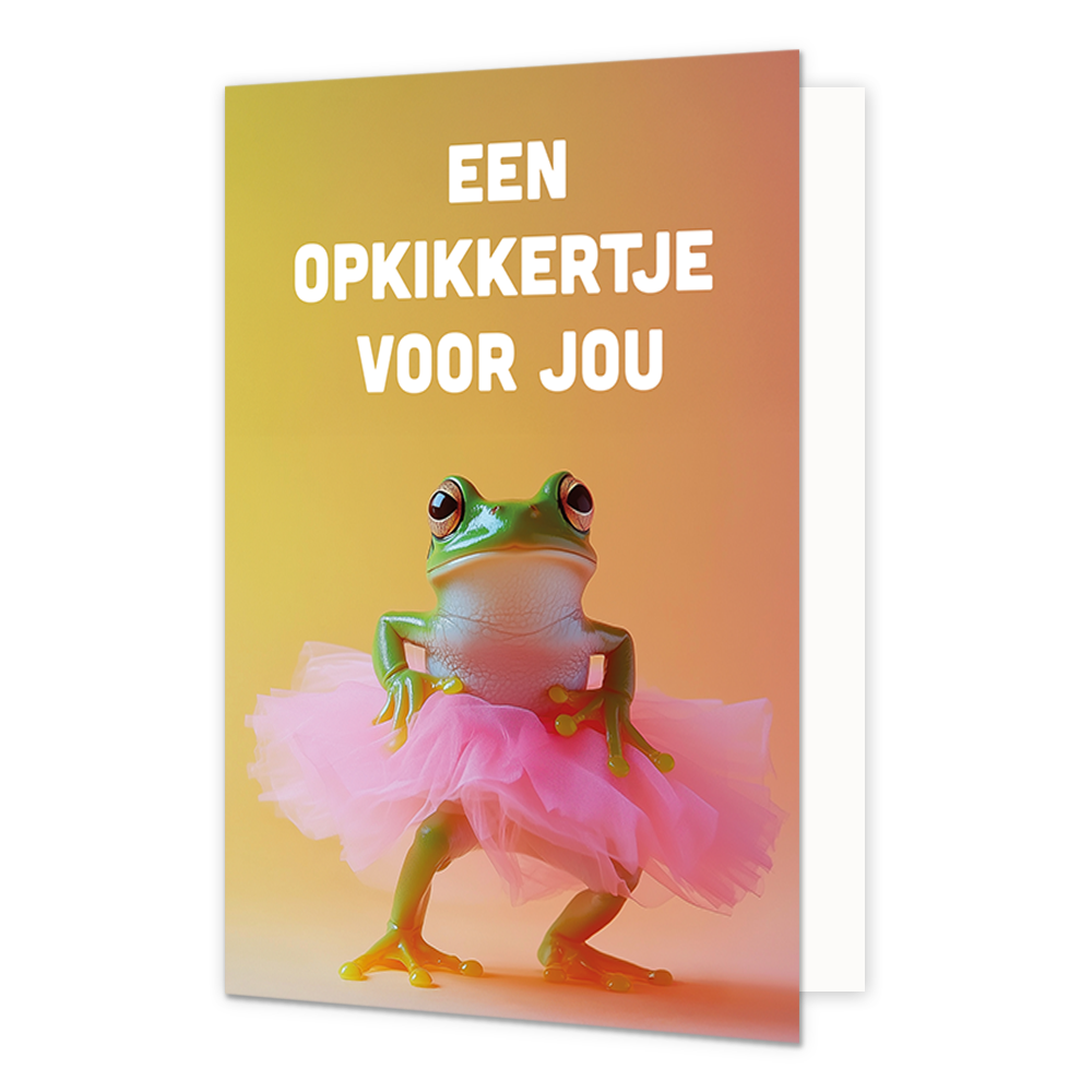 Een opkikkertje voor jou - Formaat: Normaal - Vorm: Staand - Opkikker kaart - Op deze wenskaart staat een kikker in een roze tutu met daarboven de tekst: "Een opkikkertje voor jou". - Snelwenskaart
