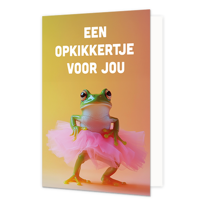 Een opkikkertje voor jou - Formaat: Normaal - Vorm: Staand - Opkikker kaart - Op deze wenskaart staat een kikker in een roze tutu met daarboven de tekst: "Een opkikkertje voor jou". - Snelwenskaart