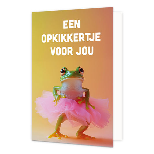 Een opkikkertje voor jou - Formaat: Normaal - Vorm: Staand - Opkikker kaart - Op deze wenskaart staat een kikker in een roze tutu met daarboven de tekst: "Een opkikkertje voor jou". - Snelwenskaart