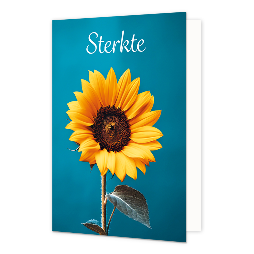 Sterkte - Formaat: Normaal - Vorm: Staand - Sterkte kaart - Op deze wenskaart staat een grote zonnebloem met daarboven de tekst: "Sterkte". - Snelwenskaart