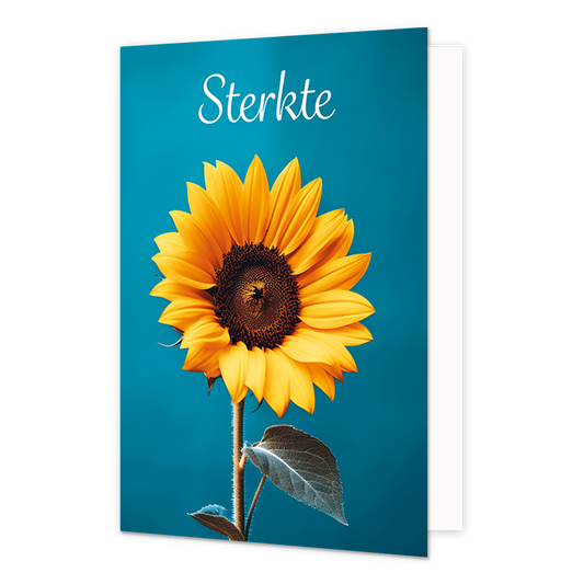 Sterkte - Formaat: Normaal - Vorm: Staand - Sterkte kaart - Op deze wenskaart staat een grote zonnebloem met daarboven de tekst: "Sterkte". - Snelwenskaart