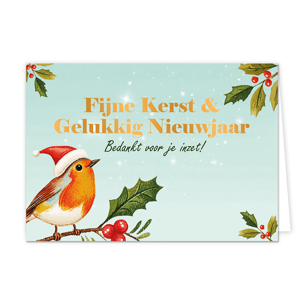 Fijne kerst & gelukkig nieuwjaar - Formaat: Standaard - Vorm: Liggend - Kerstkaart - Op deze wenskaart is een roodborstje met een kerstmuts op te zien dat op een tak met hulstblaadjes en rode bessen zit. De achtergrond is lichtblauw met subtiele witte sneeuwvlokken en extra hulsttakken in de hoeken. Centraal op de kaart staat in grote, goudkleurige letters de tekst "Fijne Kerst & Gelukkig Nieuwjaar". Daaronder staat in het zwart de cursieve tekst "Bedankt voor je inzet!". - Snelwenskaart