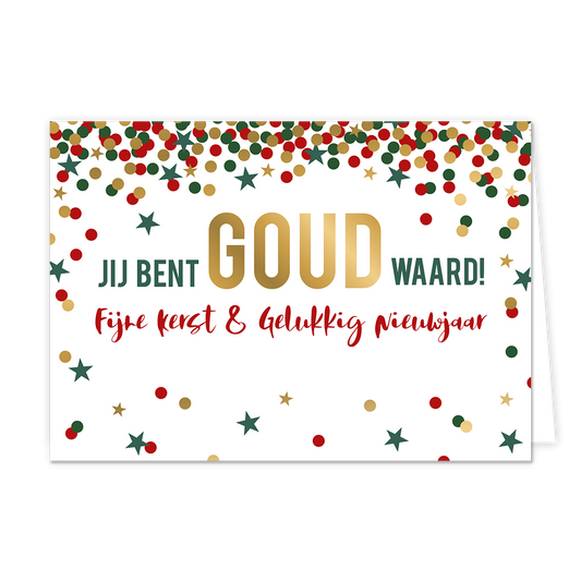 Jij bent goud waard! - Formaat: Normaal - Vorm: Liggend - Kerstkaart - Op deze kerstkaart staat confetti in de kleuren rood, goud en groen met in het midden de tekst: "Jij bent goud waard! Fijne kerst & gelukkig nieuwjaar". - Snelwenskaart