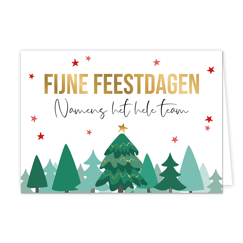 Fijne feestdagen namens het hele team - Formaat: Normaal - Vorm: Liggend - Kerstkaart - Op deze kerstkaart staan bomen met daarboven de tekst: "Fijne feestdagen namens het hele team". - Snelwenskaart
