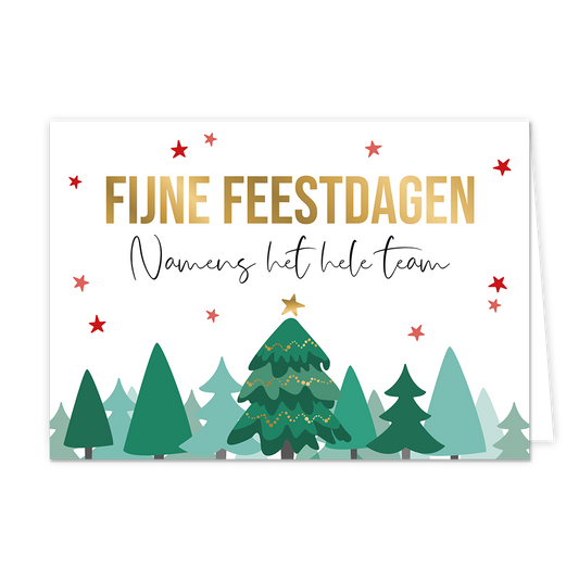 Fijne feestdagen namens het hele team - Formaat: Normaal - Vorm: Liggend - Kerstkaart - Op deze kerstkaart staan bomen met daarboven de tekst: "Fijne feestdagen namens het hele team". - Snelwenskaart