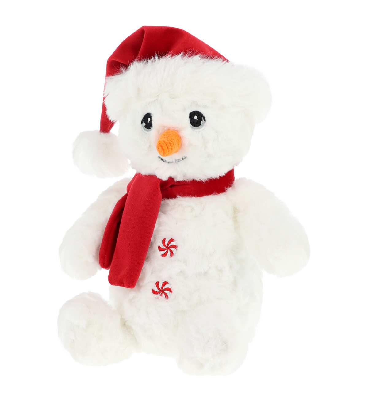 Sneeuwpop knuffel - Deze knuffel sneeuwman heeft een zachte, witte pluche vacht en zit in een zittende houding. De sneeuwman is voorzien van een rode kerstmuts met een pluche pompon, een bijpassende rode sjaal, een opvallende oranje wortelneus, donkere ogen, een vriendelijk geborduurd mondje en twee rood-witte pepermuntknopen op de buik. - Snelwenskaart
