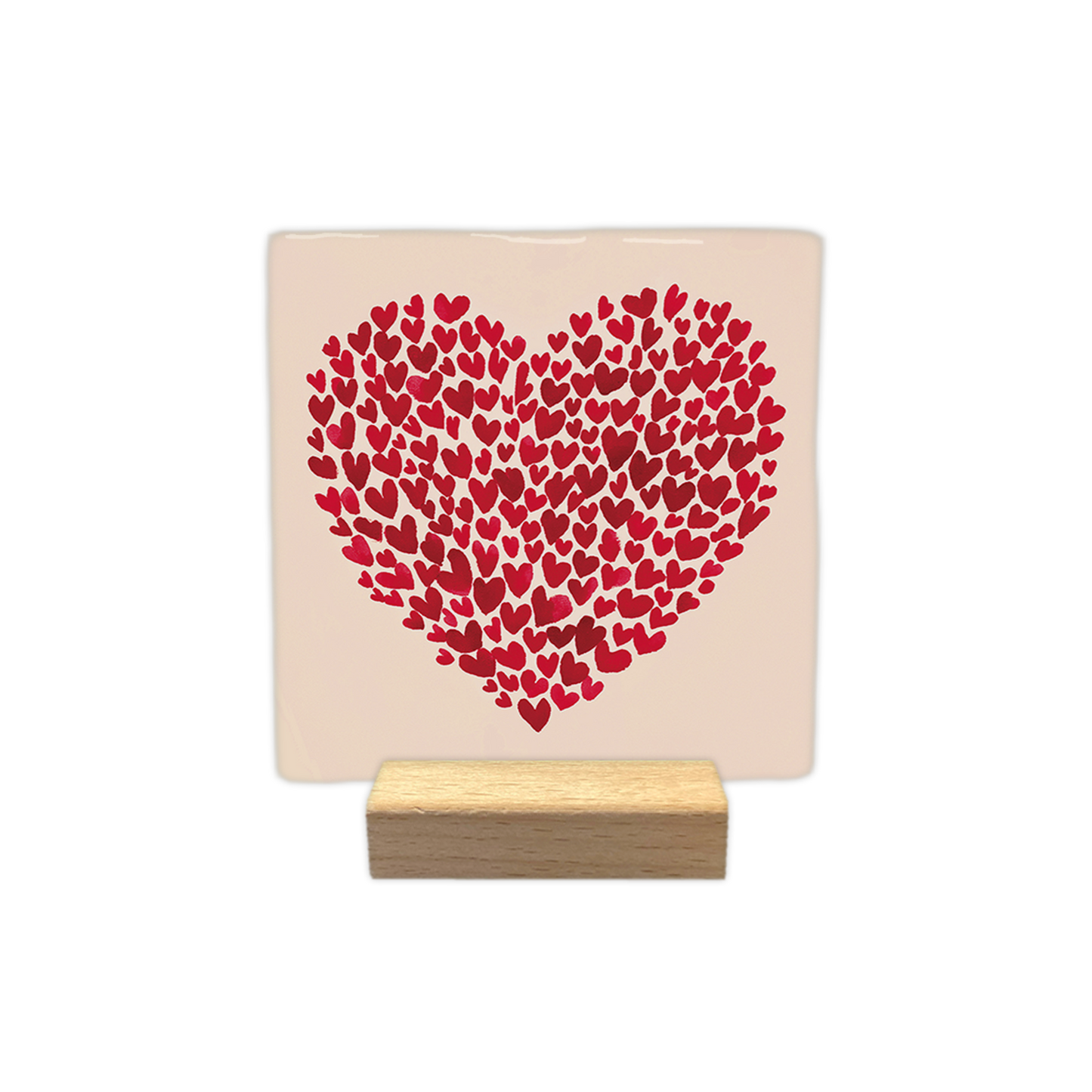 Decoratietegel – 10 x 10 cm - Op deze decoratietegel is een donkergroene achtergrond te zien met een herhalend patroon van zuurstokken in verschillende tinten rood, roze en wit. Tussen de zuurstokken door zijn kleine witte stippen en roze en witte sterretjes afgebeeld.