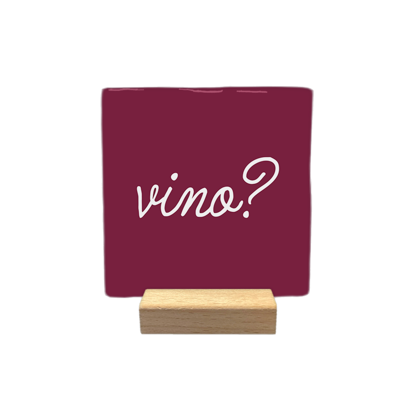 Decoratietegel – 10 x 10 cm - Op deze decoratietegel staat de tekst "vino?" in een sierlijk, wit handschrift. De tekst is gecentreerd op een dieprode achtergrond.